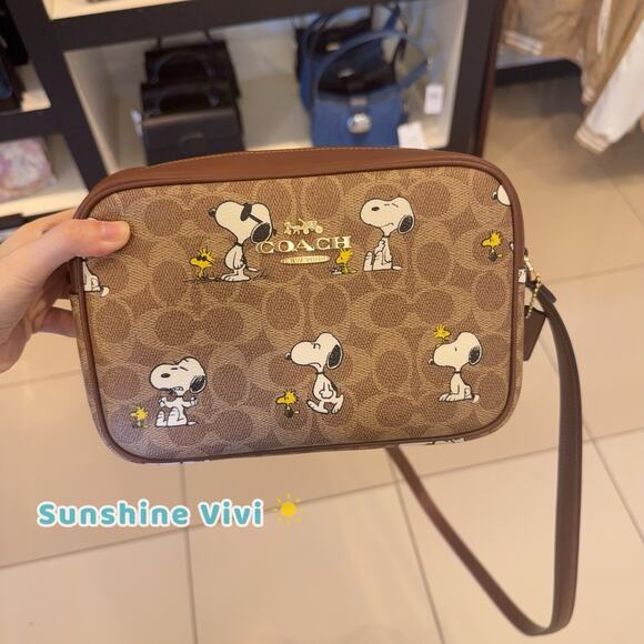 NWT COACH x PEANUTS CBM27 Jamie Camera Bag Signature Canvas&Leather Snoopy Tan